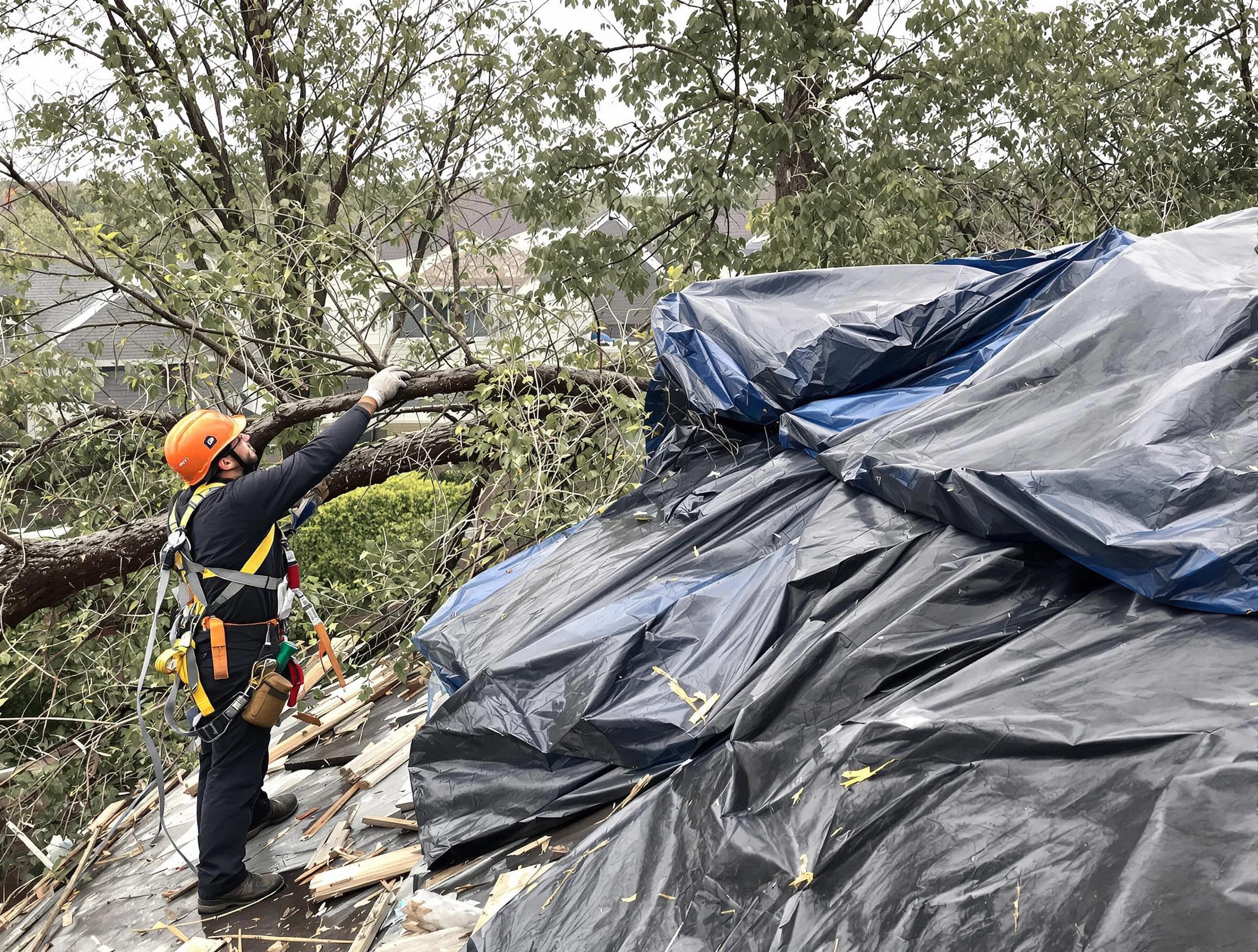 A tarped roof after storm damage repaired by Beachwood Roofing Company in Beachwood, OH